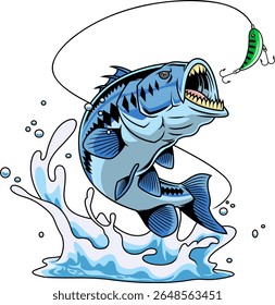 Tribal Blue Bass Fish Mascot Personagem com dentes afiados saltando na isca verde - Mão vetor desenhado ilustração isolada no fundo transparente