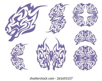 Tribal blue lion head and lions symbols. Tribal growling lion's head, lion's circle and lion's elements. Blue on the white