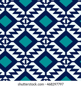 Tribal blue and turquoise geometric seamless pattern .