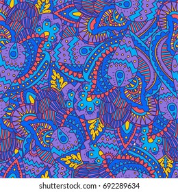 Tribal blue violet abstract Orient paisley violet seamless pattern background hand drawn sketch style