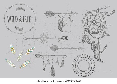 Tribal boho arrow set  in ethnical pattern with feathers and roses