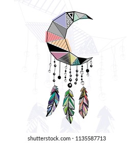 Tribal boho background with moon and feathers