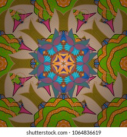 Tribal, Boho, Bohemian style, for flash tattoo. Vector colored Mandala. Ornament invitation card Vintage decorative elements on a beige, green, brown, orange and blue colors.