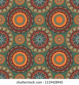 Tribal Boho Chic Design For Mandala Style Seamless Pattern Vector With South Western Color Tone And Deep Green Background