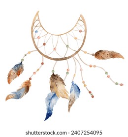 Tribal boho dreamcatcher watercolor ornament with aztec feathers and arrow. Traditional dream catcher ethnic wing painting