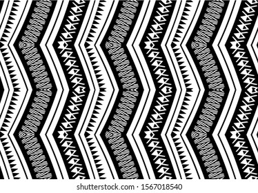 Tribal boho ethnic Navajo abstract geometric zigzag chevron vertical wave lines pattern design drawing background in black and white colors.