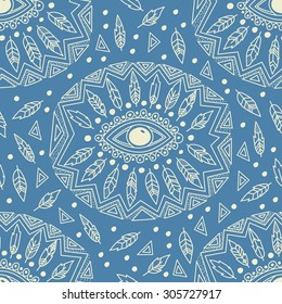 Tribal Boho Eye With Feathers Seamless Pattern