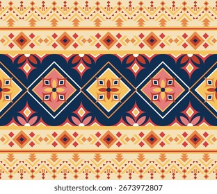 Tribal Boho Geometric Border Native American Indian Tribal Geometric Aztec Pattern Navajo ethnisch mit Marine und Orange Diamond Motive für Stoff Nahtlose Textilien, Vektordekoration Mode, Teppich.