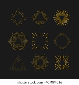 Tribal boho gold sun burst frame with place for your text. Starburst, sunburst hipster logo, line art vector illustration. Hipster star burst shape shine icons. Vector Tribal boho style fireworks.