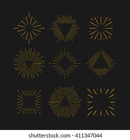 Tribal boho gold sun burst frame with place for your text. Starburst hipster logo, line art vector illustration of fireworks.