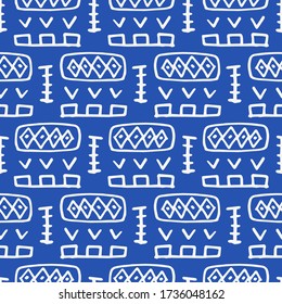 Tribal boho, native american seamless pattern. Blue, white colors. Ethnic fashion aztec ornament, abstract geometric handmade print for textile and surface design, package, wallpaper, wrapping paper