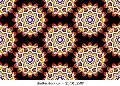 Vector de bordado tradicional de pavo textil nativo de boho tribal. Moqueta de tela azteca mandala adornos de decoración textil papel tapiz. Resumen geométrico Ikat diseño de patrones textiles sin fisuras 