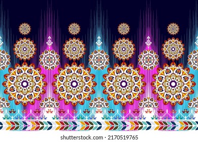 Vector de bordado tradicional de pavo textil nativo de boho tribal. Moqueta de tela azteca mandala adornos de decoración textil papel tapiz. Resumen geométrico Ikat diseño de patrones textiles sin fisuras 
