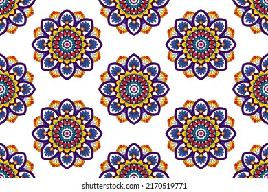 Tribal boho native textile turkey traditional embroidery vector. Aztec fabric carpet mandala ornaments textile decorations wallpaper. Abstract geometric Ikat ethnic seamless textile pattern design 