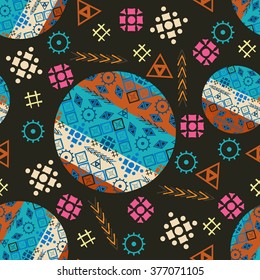 The tribal boho pattern seamless-vector illustration. Circles seamless pattern tribal. Boom triangles rhombs.