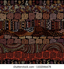 Tribal boho seamless pattern in african style on black background. Tribal art print. Irregular polka dots pattern. Vector image.