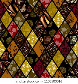 Tribal boho seamless pattern in african style on black background. Tribal art print. Patchwork pattern of a rhombuses. Vector image.