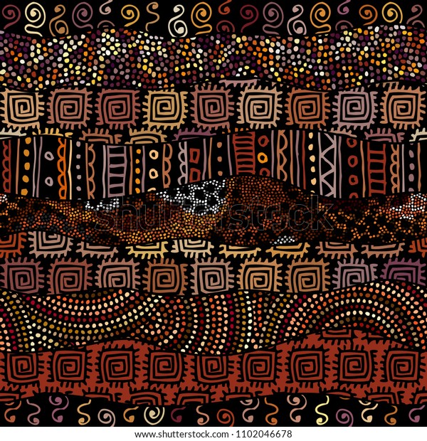 Tribal boho seamless pattern in african style on\
black background. Tribal art print. Irregular polka dots pattern.\
Vector image.