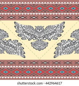 Tribal Boho Seamless Pattern with Owl. Ethnic Geometric Ornament. Boho Vector Pattern. Fabric, Wallpaper and Wrapping Texture.