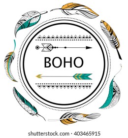 Tribal boho style Arrow and feather on rustic background in vector