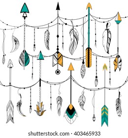 Tribal boho style Arrow and feather on rustic background in vector