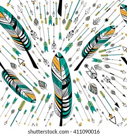 Tribal boho style Arrow and feather on rustic seamless pattern in vector