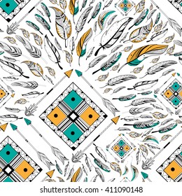 Tribal boho style Arrow and feather on rustic seamless pattern in vector
