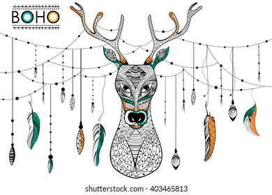 Tribal boho style deer on rustic background in vector