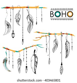 Tribal boho style feather on rustic background in vector