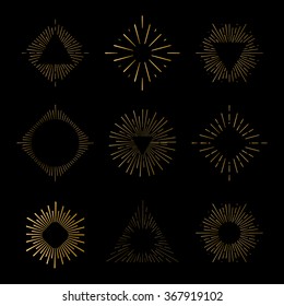 Tribal boho style gold frame with place for your text. Starburst, sunburst hipster logo, line art vector illustration. 