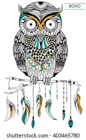 Tribal boho style owl in vector background