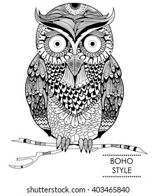 Tribal boho style owl in vector background