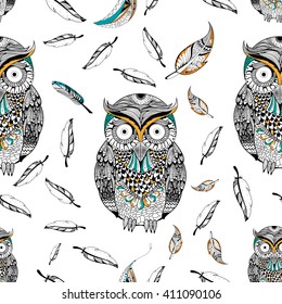 Tribal boho style owl in vector seamless pattern