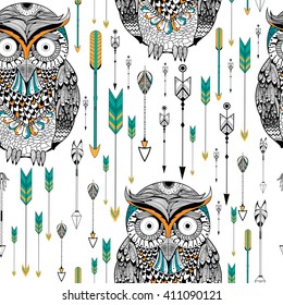 Tribal boho style owl in vector seamless pattern