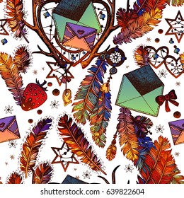Tribal boho style romance seamless pattern with envelopes and feathers