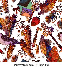 Tribal boho style romance seamless pattern with envelopes and feathers, birds, keys.