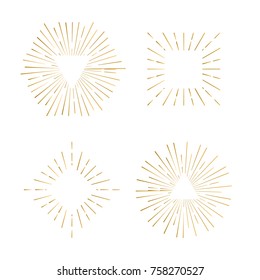 Tribal boho sunburst frames with place for your text. Gold sparkle hipster logo, Vector line firework shapes.