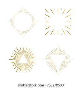 Tribal boho sunburst frames with place for your text. Gold sparkle hipster logo, Vector line firework shapes.