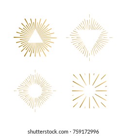 Tribal boho sunburst frames with place for your text. Gold sparkle hipster logo, Vector line firework shapes.
