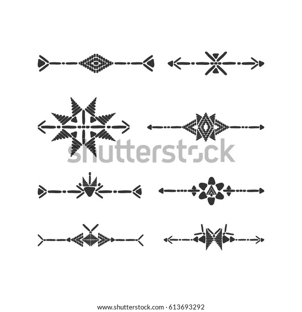 Tribal border set\
vector. Black white elements in hand drawn ethnic style. Aztec or\
African symbols for text dividers and scroll, tattoo print, boho\
design or mexican\
pattern.