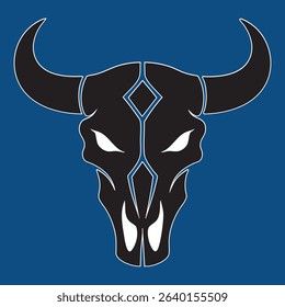 Tribal buffalo head silhouette, curved horns and geometric skull patterns