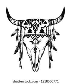 Tribal bull skull with feathers decoration, black and white hand drawn vector illustration