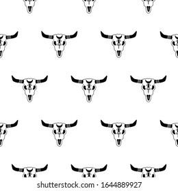 Tribal bull skull with long hornes seamless vector pattern.