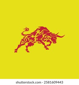 Tribal Bull Vector Illustration – Fiery Red Bull with Bold Tribal Patterns on a Vibrant Yellow Background, Symbolizing Strength, Power, and Determination