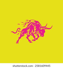 Tribal Bull Vector Illustration – Fiery Red Bull with Bold Tribal Patterns on a Vibrant Yellow Background, Symbolizing Strength, Power, and Determination