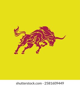 Tribal Bull Vector Illustration – Fiery Red Bull with Bold Tribal Patterns on a Vibrant Yellow Background, Symbolizing Strength, Power, and Determination