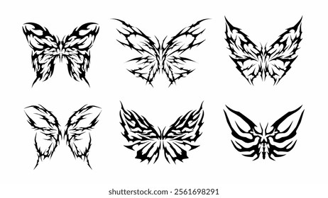 Tribal butterfly in abstract black shapes, gothic style sigilism hand drawn for tattoo, streetwear, t-shirt print apparel