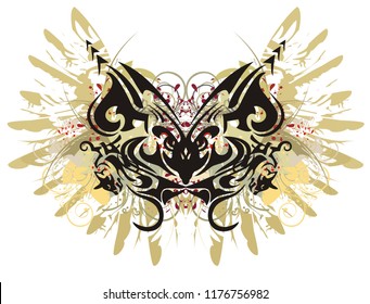 Tribal butterfly with eagle wings. Closeup splattered ethnic butterfly wings with floral elements and blood drops