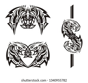 Tribal butterfly, heart and dollar sing. Tribal peaked powerful flaming head of an eagle created by the aggressive lion's head for a tattoo, business, an embroidery, etc.