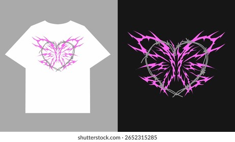 Tribal butterfly with sharp barbed heart vector design motifs in pink and gray, blending romantic and edgy vibes. Perfect for Y2K fashion or streetwear statement tees.